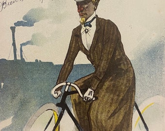 Pocztówka w stylu art déco z Nowego Jorku // Dżentelmen na rowerze, w cylindrze w stylu Lincolna, w tle parowóz // Ilustrowana, niepodpisana przez artystę, 1902