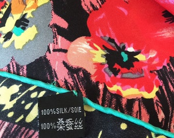 Oriental Floral Silk Scarf 36 Inches, Pink Orange Flowers, Green Jade Trim