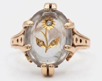 Rose of Sharon Ring, Amethyst Ring, Mined Diamonds, 10K Yellow Gold, 1880s Victorian Antique  Jewellery