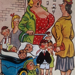 Divertente cartolina sexy, "Troppi bambini", pubblicata da Jester Editions, anni '30