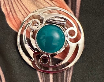 Green Malachite Scarf Clip, Modernist Silver Tone Design, Vintage Jewellery