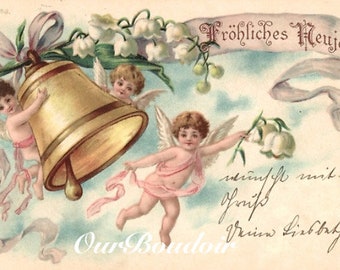 Antique German Postcard, Angels Ringing In The New Year, 1901 Very Good Condition