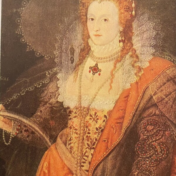 Italian Artist Painting Postcard, Queen Elizabeth Portrait Hatfield House circa 1602, Vintage Medici