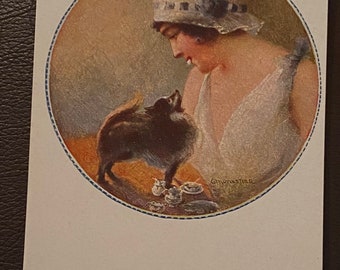 Artist Illustrated Postcard, Italian Artist Monestier // Medallion Lady with Chihuahua // 1910s Unwritten