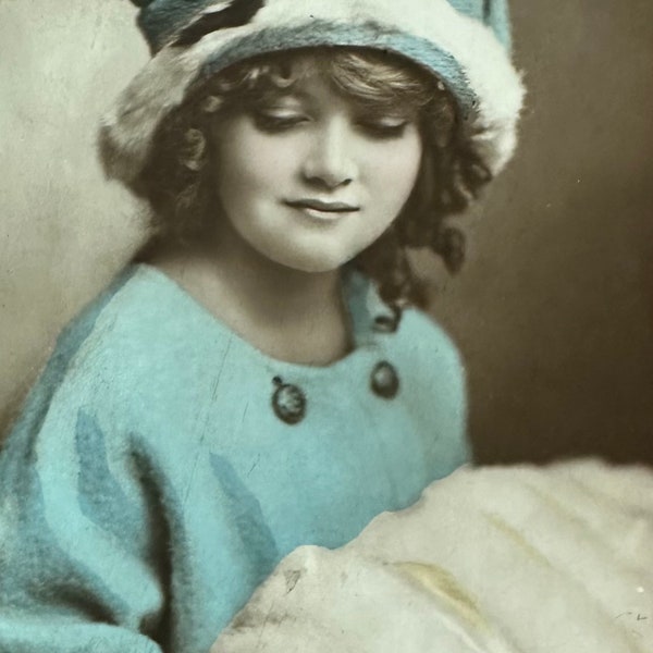 Antique British Postcard 1900s, Real Photo Hand Painted, Rotary Photo Publisher // Little Girl in Blue Hat and Coat with Fur
