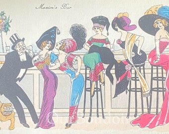 Artist Postcard Xavier Sager // Art Deco 1910 // Maxim’s Bar, Montmartre, Party Time in Paris, French Bulldog // Unwritten