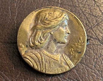 Repousse bronze Joan of Arc Pin, Victorian 1800s Antique Jewellery