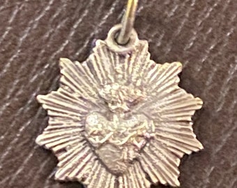 French Religious Medal, Sacred Heart, Silver Alloy