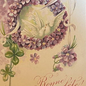 Embossed Antique Postcard, Doves Purple Flowers Wreath Bonne Fete 1900s, Printed in Prussia, Former German State