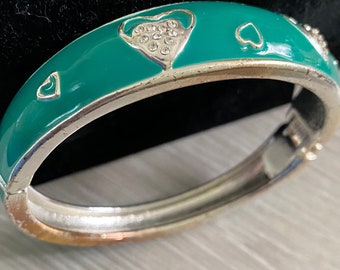 Green Enamel Sparkling Heart Bangle Bracelet Vintage Jewellery, Hinged Standard Size