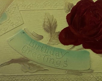 Red Rose Silk Postcard, Birthday Greetings, Embossed //  1900s, Distributed USA,