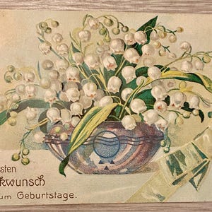 Antique German Postcard, Embossed Flower Arrangement, Lily of the Valley, Art Deco Bowl, Franked 1909 BIRTHDAY
