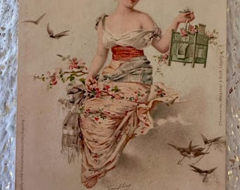 Chromolithographe Antique Postcard // Art Nouveau Lady Releasing Birds from a Cage,  Artist Illustrated Franked 1906, Title Springtime