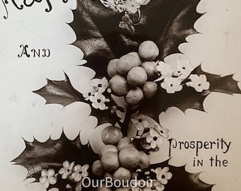 Antique Christmas Postcard, Holly with White Flowers and Berries, Beagles Publisher 1908