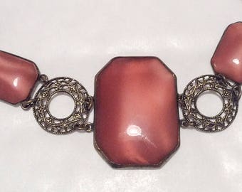 Art Déco Glass Bracelet, Salmon Colour Vintage Jewellery 1920s