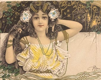 Postal antigua de una dama Art Nouveau francesa, gorro rosa, impresión del artista, franqueada en 1901