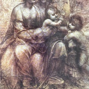 Artista pintando cartão postal, Virgem e Menino, Leonardo da Vinci, impressão da Sociedade Médici