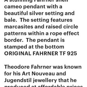 May include: Sterling silver Fahrner Art Deco cameo pendant. The pendant has a shell cameo with a silver setting, marcasites, and a rope effect border. The text "ORIGINAL FAHRNER TF 925" is stamped on the bottom.