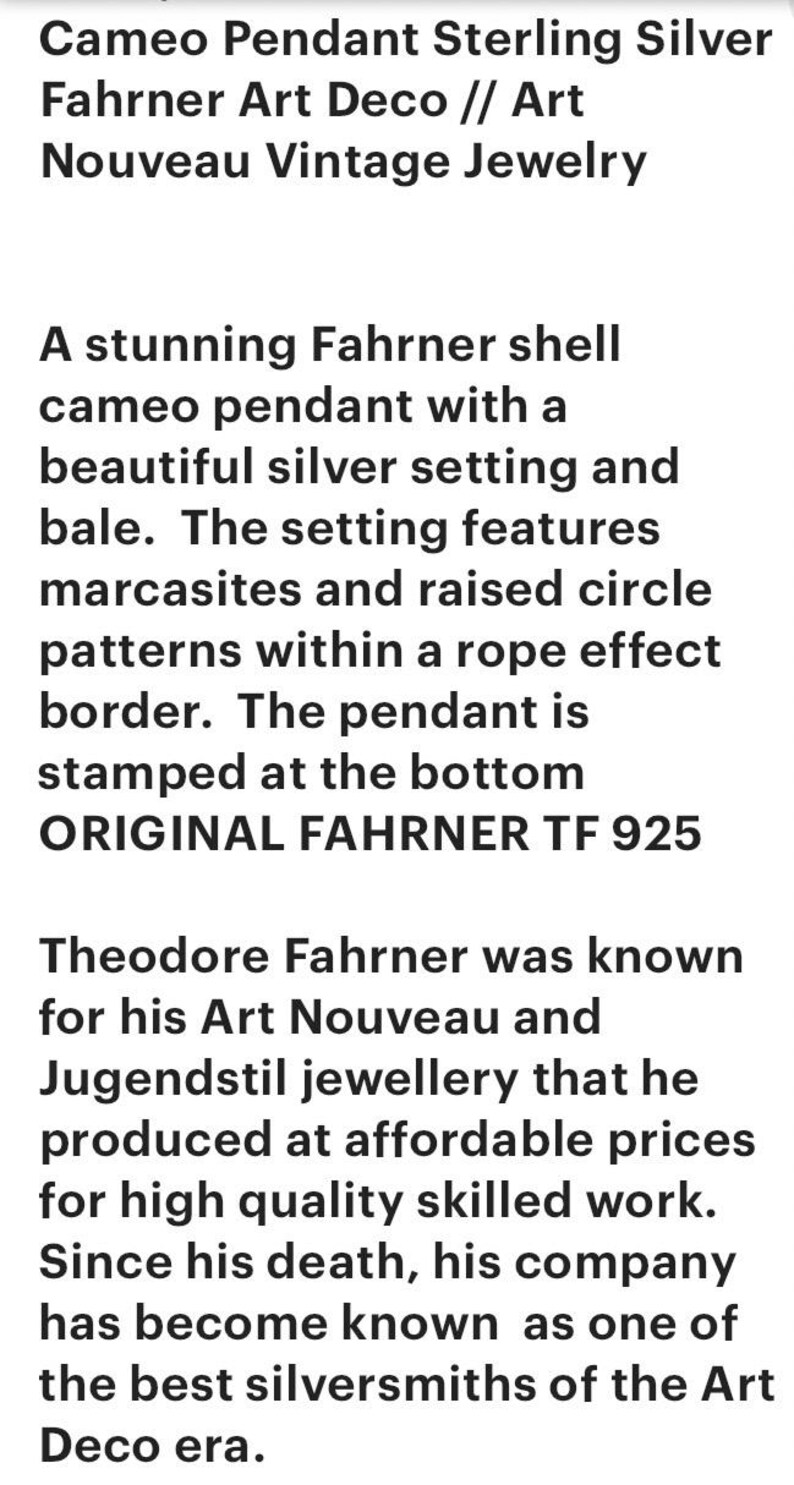 May include: Sterling silver Fahrner Art Deco cameo pendant. The pendant has a shell cameo with a silver setting, marcasites, and a rope effect border. The text "ORIGINAL FAHRNER TF 925" is stamped on the bottom.