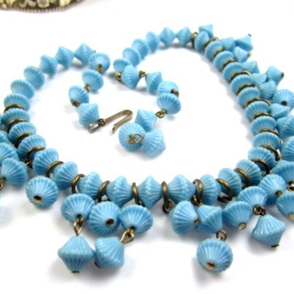 Art Deco Blue Celluloid Bead Necklace Vintage Wedding Jewelry 1930s