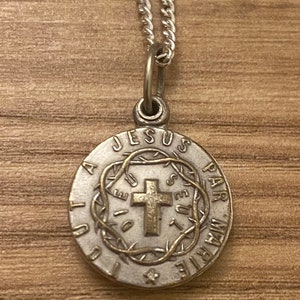Colgante Art Déco con dije francés deslizante // Amuleto religioso, Medalla de Jesús por María, San Luis María de Montfort // Aleación de plata