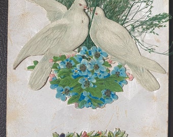 Antike französische Postkarte 1900er Jahre, weiße liebevolle Tauben, gestanzte Vergissmeinnicht, getrocknete Blumen