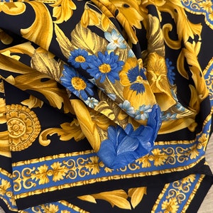 Italian Floral Silk Scarf, Golden Fauna, Blue Daisies, Bluebells, Renaissance Border, Designer Signed Tilonia, 36 » Square