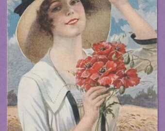 Antique French Postcard, Lady with Poppies, Written On