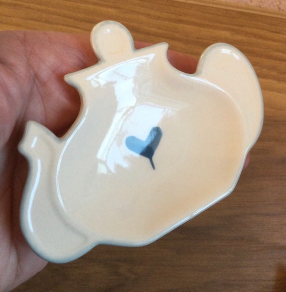 Teapot Shaped Spoon Rest White Ceramic With Blue Heart Motif Etsy