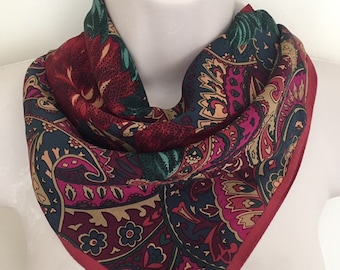 Bloomsbury Silk Scarf 30 Inches, Cherry Red Floral, Produced for British Tie Rack, Made in Japan, 30" Square