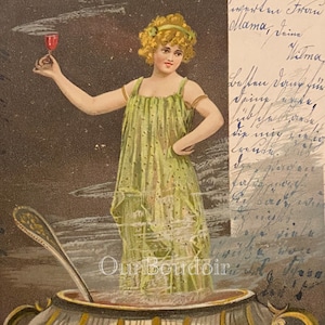 Postal de estilo modernista alemán // Tema de genio en una botella // Bella dama, sopera Art Nouveau // Antigüedad de la década de 1900, sello bávaro de 1903