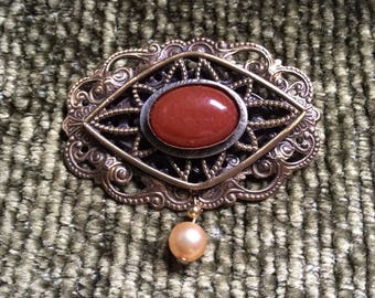 Carnelian Brooch, Pearl, Victorian Revival Vintage Jewelry
