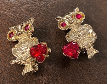 Owls, Pair of Scatter Pin Brooches with Red Glass Eyes and Hearts  1960s Victorian Revival Vintage Jewellery