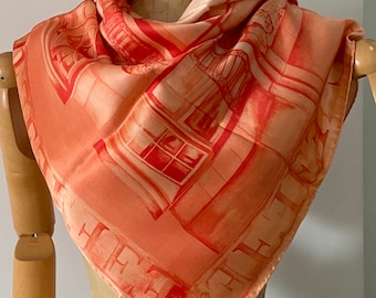 Salmon Peach Silk Scarf, Designer Escada //Facade of a Mansion // Vintage Fabric 34” Square, Very Good Condition