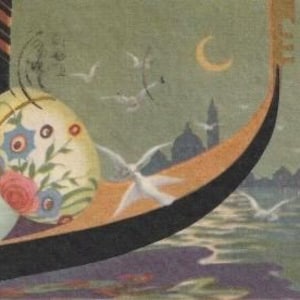 Cartolina di Pasqua, Gondola italiana sulla laguna, Uova di Pasqua romantiche, affrancata 1942