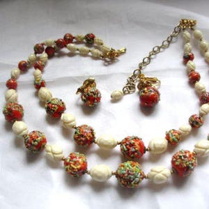 Red Mosaic Confetti Necklace with Earrings, Art Glass , Mid Century American Designer Hobe Necklace with Earrings,  Jewellery Set