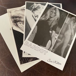 Puede incluir: Una colección de fotografías en blanco y negro que presentan a una mujer. Una foto tiene la palabra "BARDOT" y "Sex Kitten" impresas. Las imágenes están dispuestas sobre una superficie oscura.