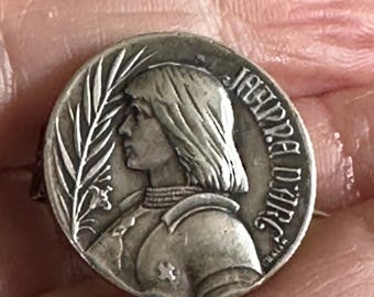 French Religious Medal Silver Joan of Arc Pin Brooch Vintage Jewelry