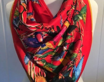 Red Birds Silk Shawl or Scarf, 52 inches 130 cms square, Red, Hummingbirds, Butterfly, Floral, Vintage Fabric,