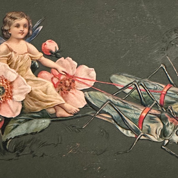 Embossed Art Nouveau Postcard, Fairy with Her Chariot and Grasshopper Steeds, Dogwood Blossom, 1900s German Published