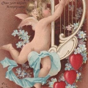 Sassy Angel Postcard, Playing the Harp, Love, Flowers, German Antique Collectibles, Franked 1903