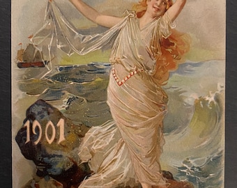 German Jugendstil Lithograph Postcard // Art Nouveau Lady, New Year // Antique 1900s, Bavarian Stamp 1900