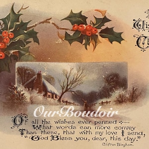 Cartolina di auguri di Natale // Agrifoglio, cottage, paesaggio innevato // Nostalgica cartolina antica britannica Art Déco