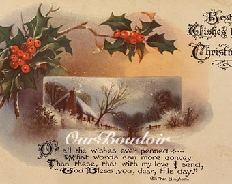 Beste wensen kerstkaart//hulst, huisje, sneeuwlandschap//nostalgische Art Deco Britse antieke kaart