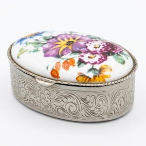 French Silver Engraved Pill Box, Porcelain Top With Floral Design, Silver Engraved Sides and Base