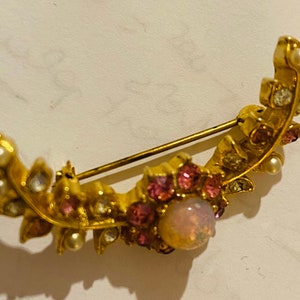 Crescent Moon Opal Glass Brooch, Floral 1960s Vintage Jewelry