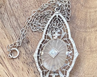 Edwardian Camphor Glass Diamond Pendant 14K White Gold Art Deco 1920s Antique Jewellery
