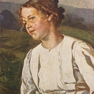 Geborener deutscher Künstler Carl Von Marr (1858-1936) Antike Postkarte, junge Dame, Hintergrund pastorale Szene