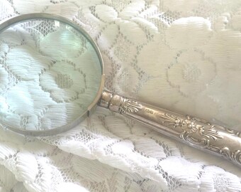 Art Nouveau Magnifiying Glass, Edwardian 1920s Sterling Silver, Antique 81g, 6 1/4 inch Length