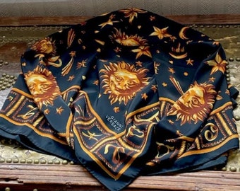 Versace Silk Scarf Square 32 Inches, Black Gold Zodiac Design